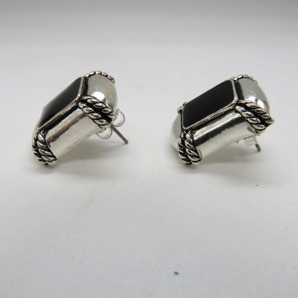 Avon‎ Earrings Vintage Silver Tone Pierced Stud Black Enamel Center Rope Design - Picture 4 of 10